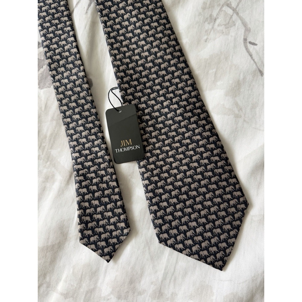 Jim Thompson Black Grey Elephant Motif Pattern Print 100% Silk Tie Made Thailand